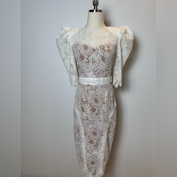 Bronx and Banco Madeleine Dress – White Lace Mesh Gown – Size US 4 - Picture 3 of 16